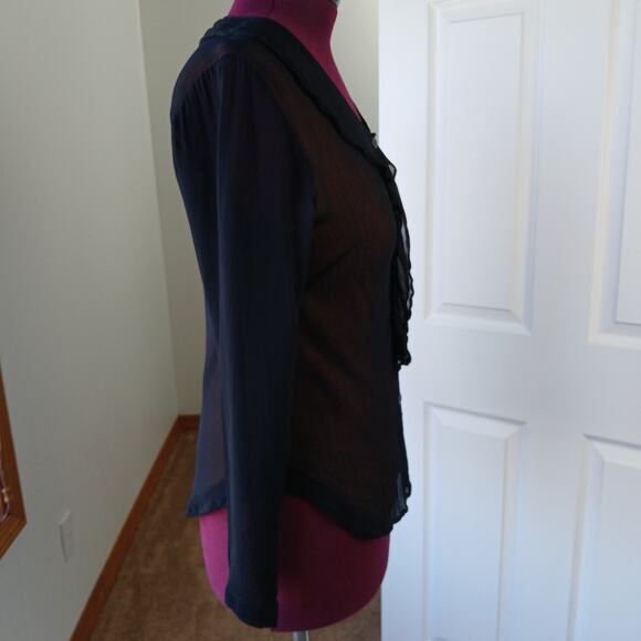 Vintage 1990s Phool Ruffle Collar Blouse M sheer black button up orange lining - Picture 4 of 15